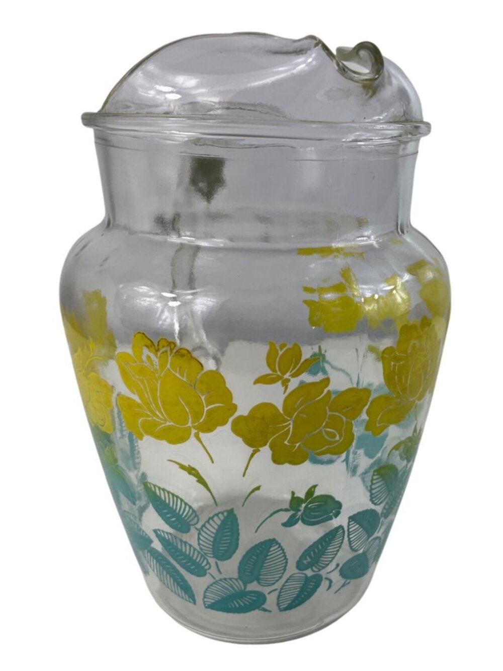 Vintage Federal Glass Pitcher Yellow Flowers Green Leaves Ice Lip Pour Spout - Picture 7 of 12